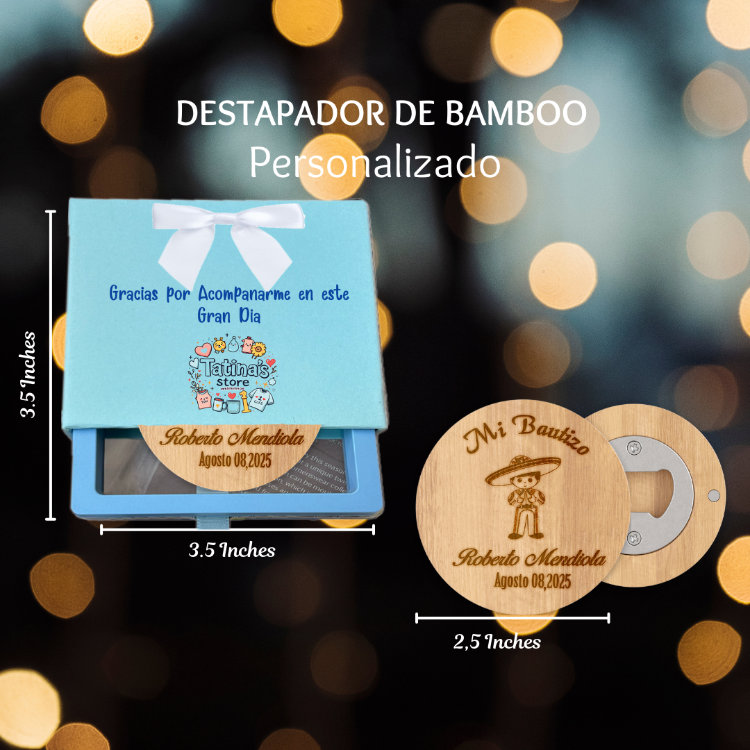 Destapador de Bamboo personalizado en laser para Recuerdo de bautizo, 10 pz con hermosa caja de regalo y lazo de Satin