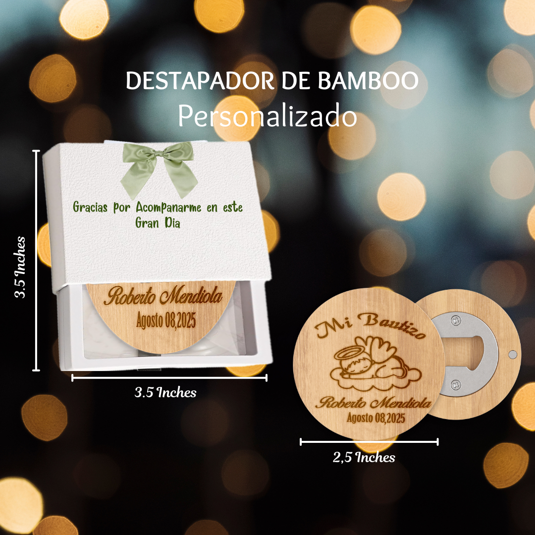 Destapador de Bamboo personalizado en laser para Recuerdo de bautizo, 10 pz con hermosa caja de regalo y lazo de Satin