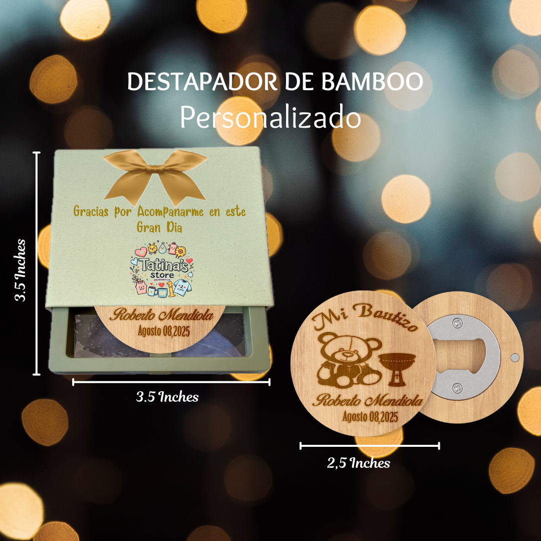 Destapador de Bamboo personalizado en laser para Recuerdo de bautizo, 10 pz con hermosa caja de regalo y lazo de Satin