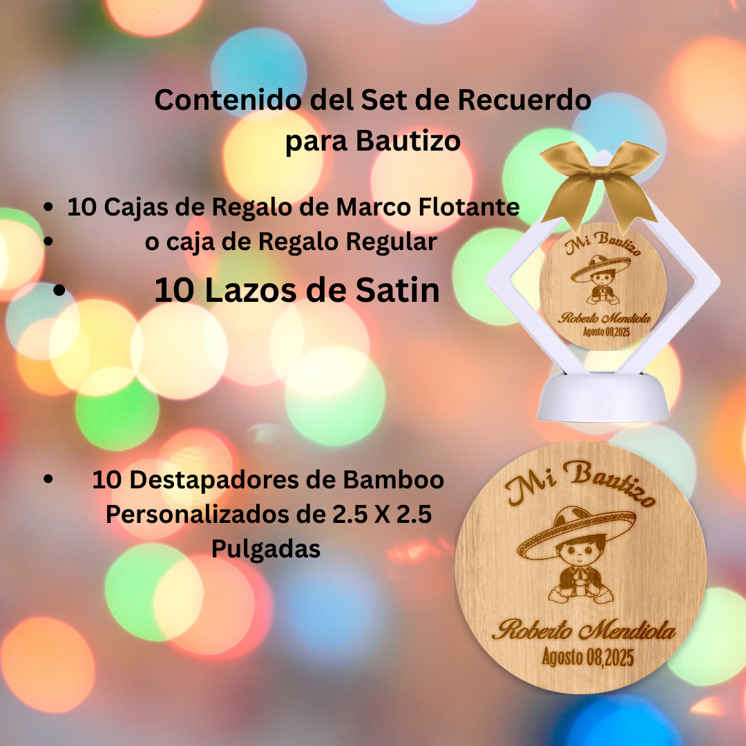 Destapador de Bamboo personalizado en laser para Recuerdo de bautizo, 10 pz con hermosa caja de regalo y lazo de Satin
