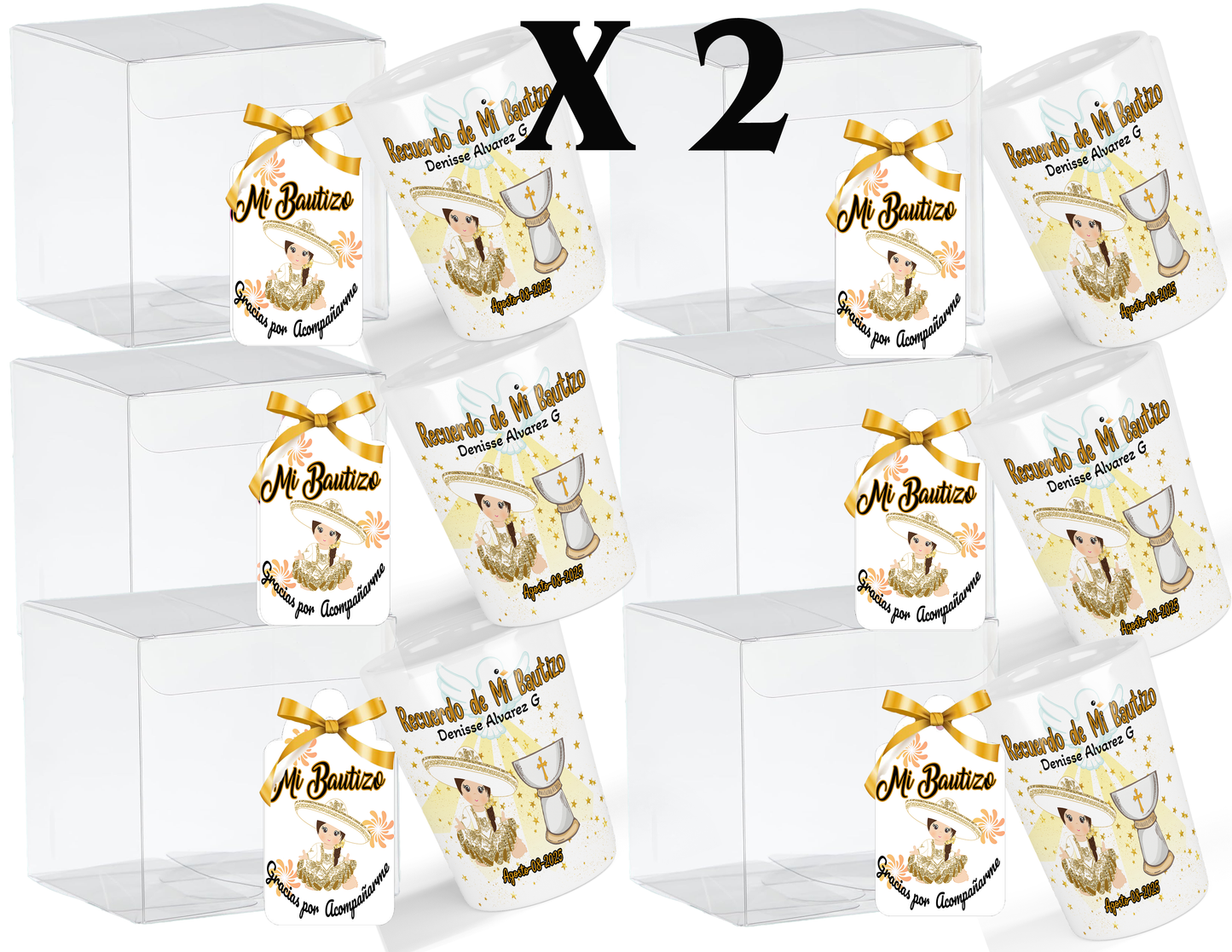 Recuerdo de Bautizo para Niña Set de 12 vasos Tequileros Personalizados Charrita Dorada