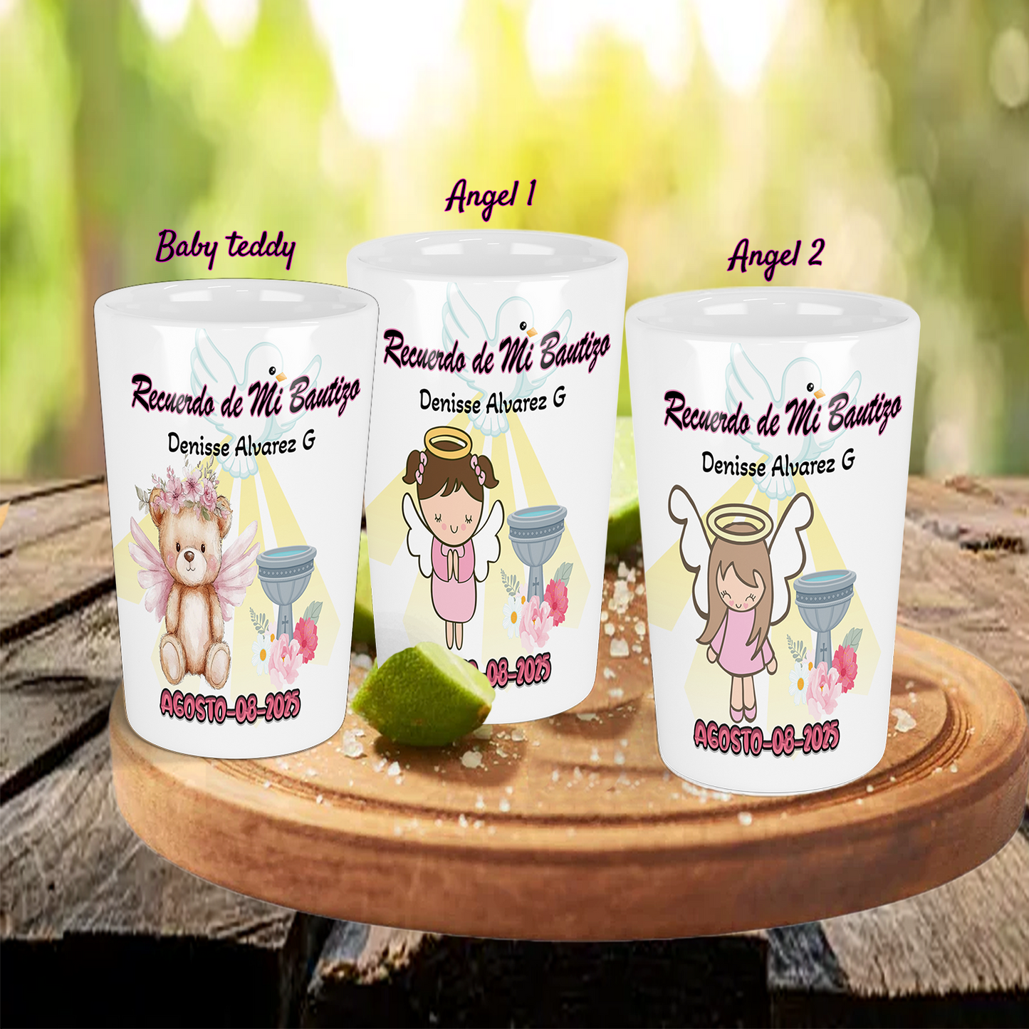 Recuerdo de Bautizo para Niña Set de 12 vasos Tequileros Personalizados Angel 2