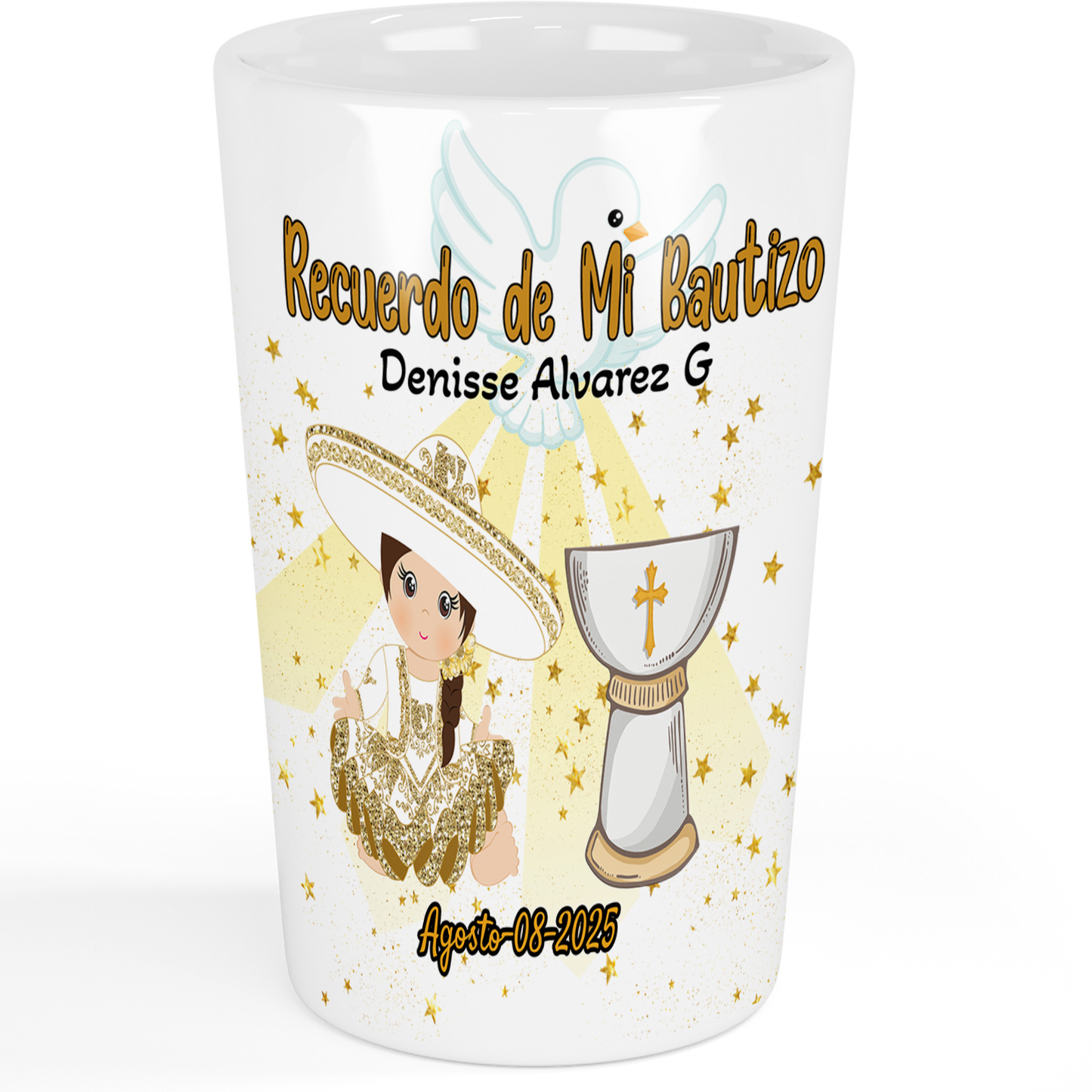 Recuerdo de Bautizo para Niña Set de 12 vasos Tequileros Personalizados Charrita Dorada