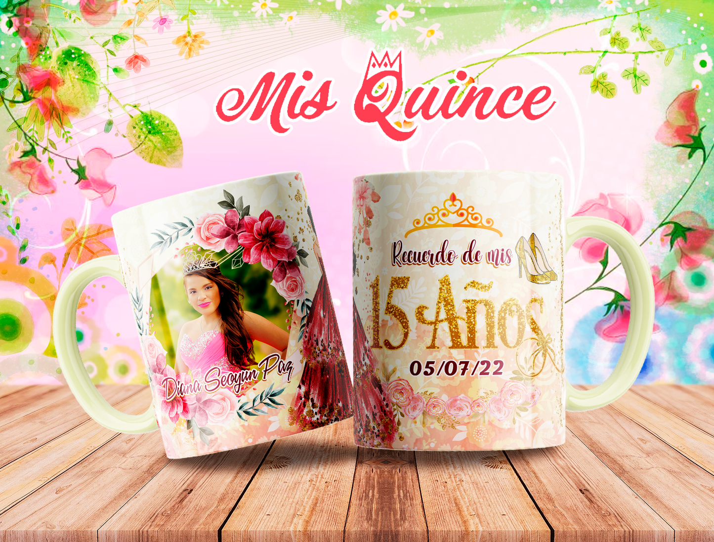 Recuerdos de Mis quince /Taza 11oz con bolsa, llavero tarjeta de agradecimiento