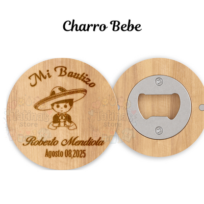 Destapador de Bamboo personalizado en laser para Recuerdo de bautizo, 10 pz con hermosa caja de regalo y lazo de Satin