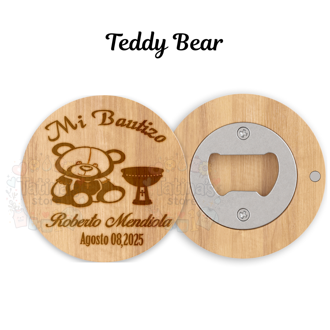 Destapador de Bamboo personalizado en laser para Recuerdo de bautizo, 10 pz con hermosa caja de regalo y lazo de Satin
