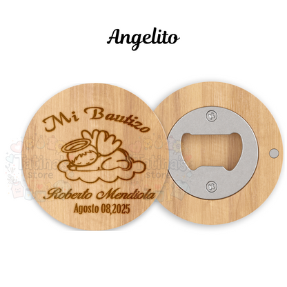 Destapador de Bamboo personalizado en laser para Recuerdo de bautizo, 10 pz con hermosa caja de regalo y lazo de Satin