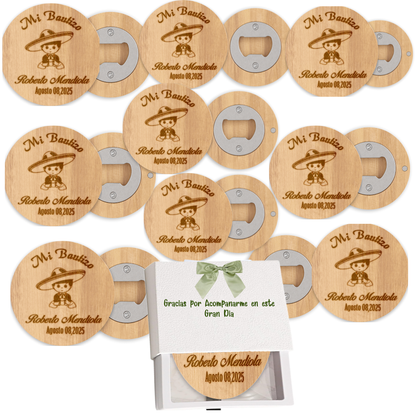 Destapador de Bamboo personalizado en laser para Recuerdo de bautizo, 10 pz con hermosa caja de regalo y lazo de Satin