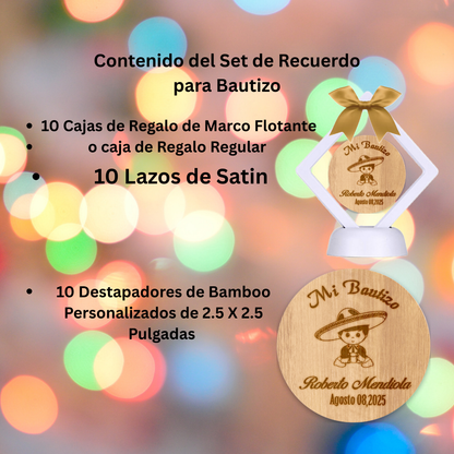Destapador de Bamboo personalizado en laser para Recuerdo de bautizo, 10 pz con hermosa caja de regalo y lazo de Satin