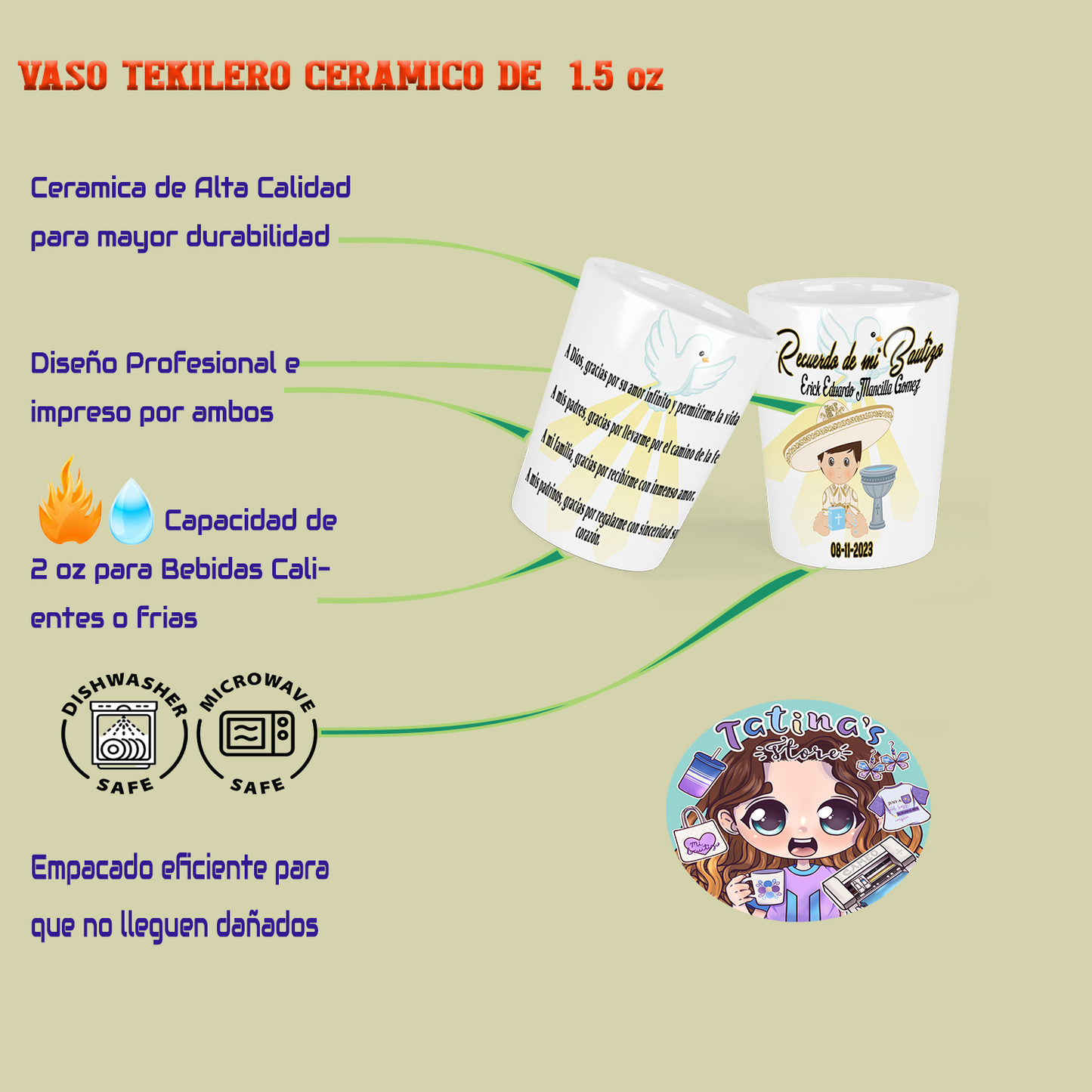 Recuerdo de Bautizo para NiñoSet de 12 vasos Tequileros Personalizados Charito boy