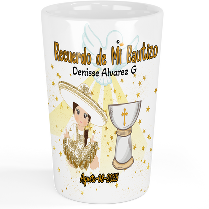 Recuerdo de Bautizo para Niña Set de 12 vasos Tequileros Personalizados Charrita Dorada